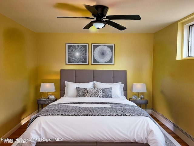 bedroom with hardwood / wood-style flooring and ceiling fan