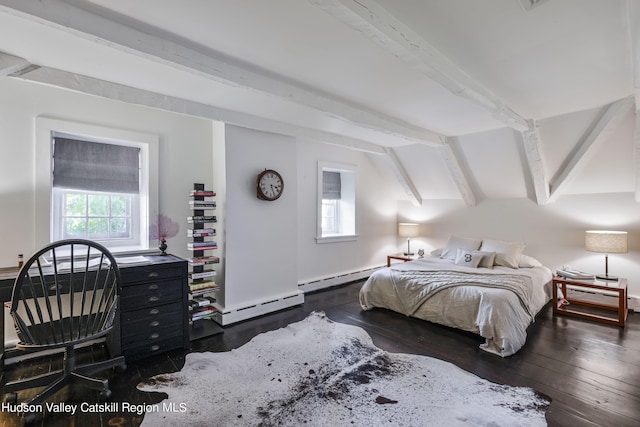 bedroom with multiple windows, dark wood-type flooring, and a baseboard radiator