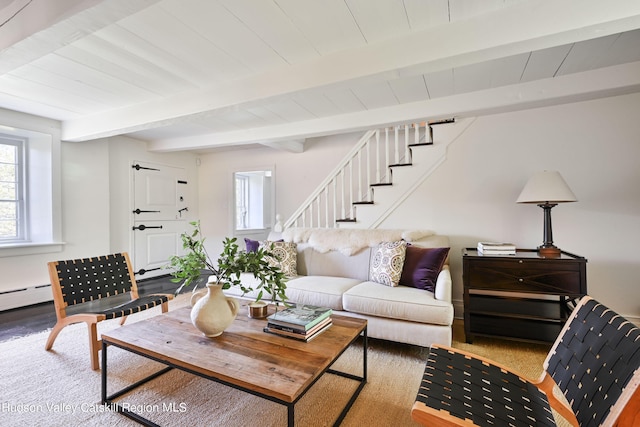 living room with beam ceiling and wood-type flooring