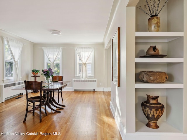 90 Emerson St, Kingston, NY 12401 - dining room featuring radiator heating unit, light wood-style floors, and built in shelves