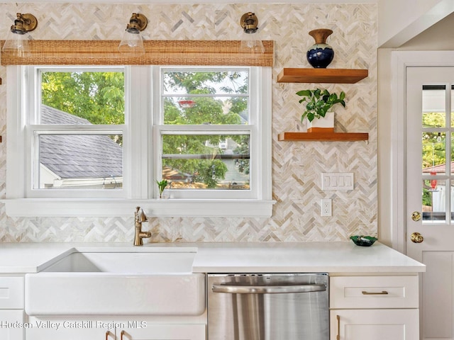 90 Emerson St, Kingston, NY 12401 - kitchen with dishwasher, backsplash, light countertops, and open shelves