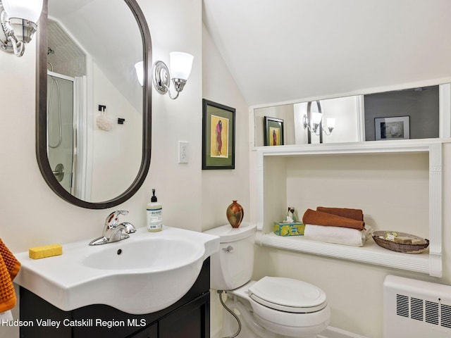 90 Emerson St, Kingston, NY 12401 - full bathroom featuring radiator heating unit, vaulted ceiling, vanity, and a shower with door