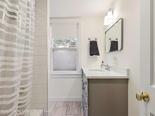 90 Emerson St, Kingston, NY 12401 - bathroom with vanity, a shower with curtain, and marble finish flooring