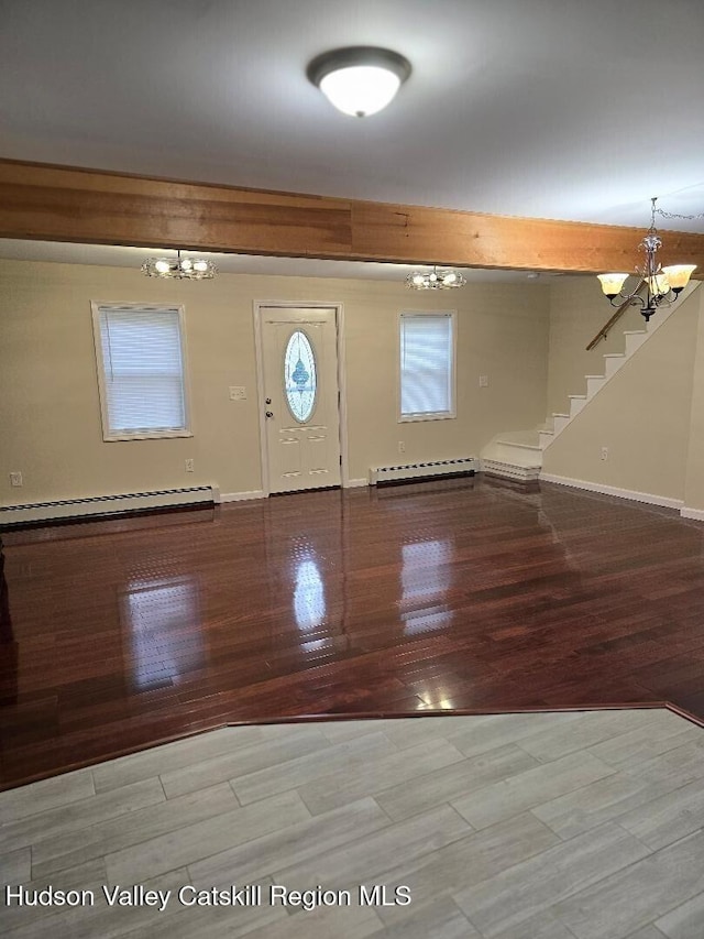 280 Continental Rd, Napanoch, NY 12489 - foyer featuring a chandelier, baseboard heating, wood finished floors, and a baseboard radiator