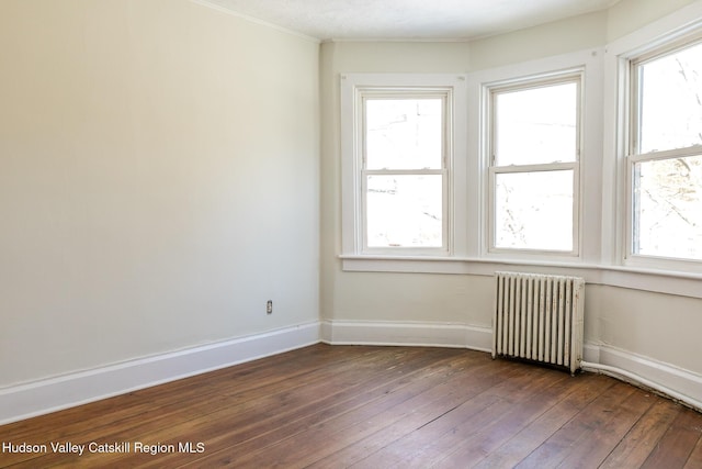 unfurnished room with crown molding, dark hardwood / wood-style flooring, radiator, and a wealth of natural light