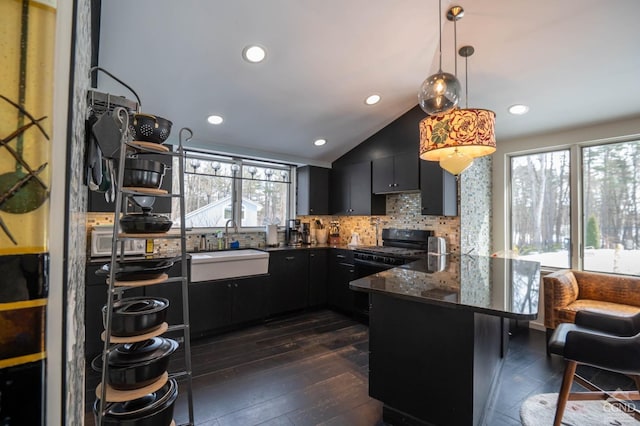  - kitchen with a sink, a peninsula, dark cabinetry, black range with gas stovetop, and backsplash
