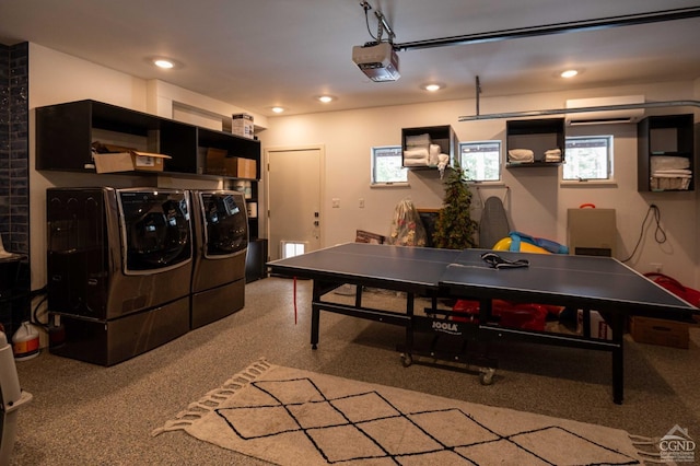  - laundry area featuring independent washer and dryer, light carpet, and recessed lighting