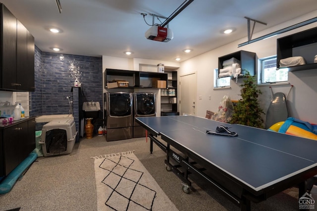  - playroom featuring washing machine and clothes dryer, light carpet, and recessed lighting