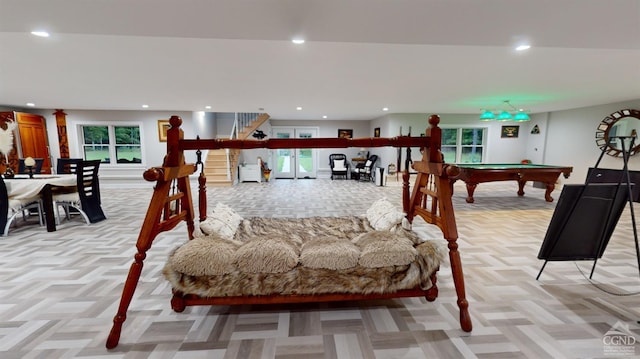 174 Webber Rd, Coxsackie, NY 12058 - living room featuring recessed lighting, billiards table, light carpet, and baseboards