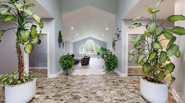 174 Webber Rd, Coxsackie, NY 12058 - entryway featuring lofted ceiling, stone finish flooring, recessed lighting, and baseboards