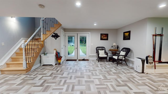 174 Webber Rd, Coxsackie, NY 12058 - sitting room featuring french doors, recessed lighting, baseboards, and stairway