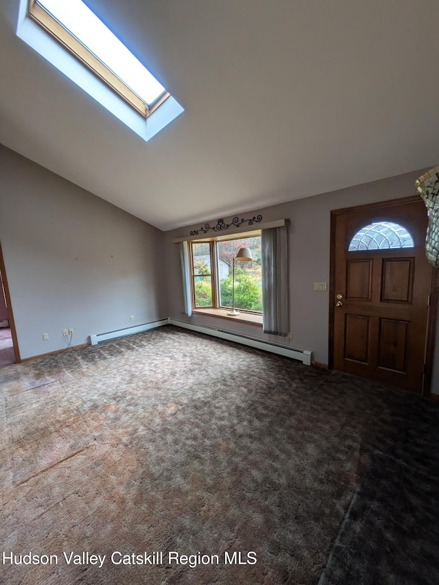 entrance foyer featuring carpet floors, a baseboard radiator, and lofted ceiling