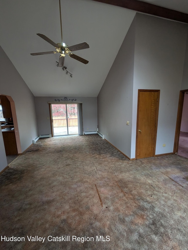 spare room featuring carpet, ceiling fan, baseboard heating, and high vaulted ceiling