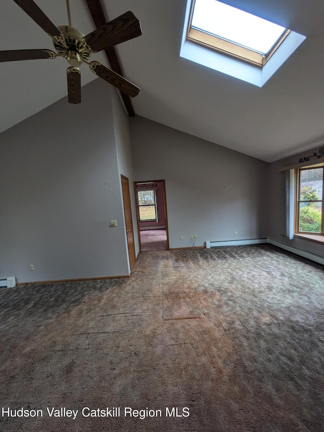 unfurnished living room featuring carpet flooring, a skylight, ceiling fan, beamed ceiling, and high vaulted ceiling