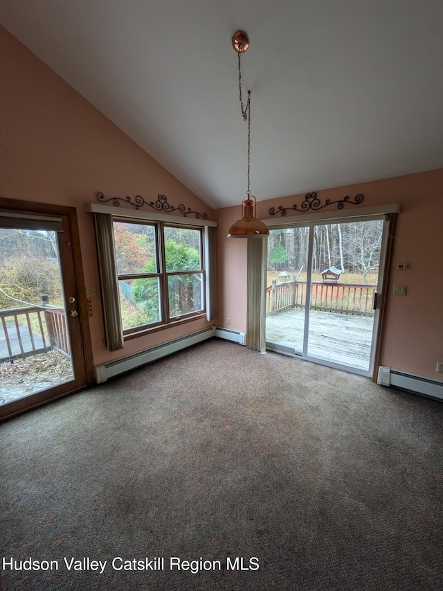 unfurnished dining area featuring carpet flooring, high vaulted ceiling, and a baseboard heating unit