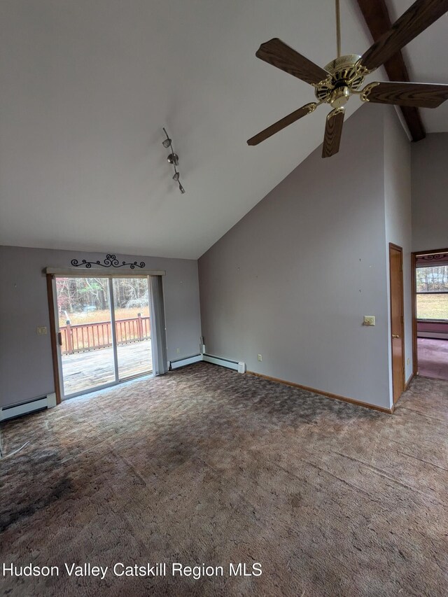 unfurnished living room with ceiling fan, lofted ceiling, and light carpet