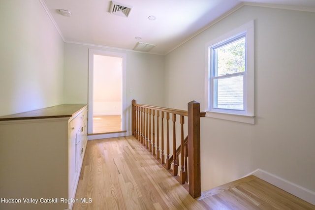 11351 State Rte 22, Austerlitz, NY 12017 - corridor featuring an upstairs landing, light wood-style floors, ornamental molding, and baseboards