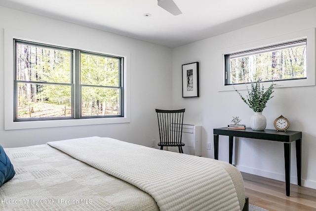 bedroom with multiple windows and wood finished floors