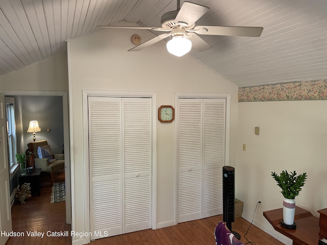 89 Bloomingdale Rd, Tillson, NY 12486 - office featuring vaulted ceiling, ceiling fan, wood finished floors, wood ceiling, and baseboards