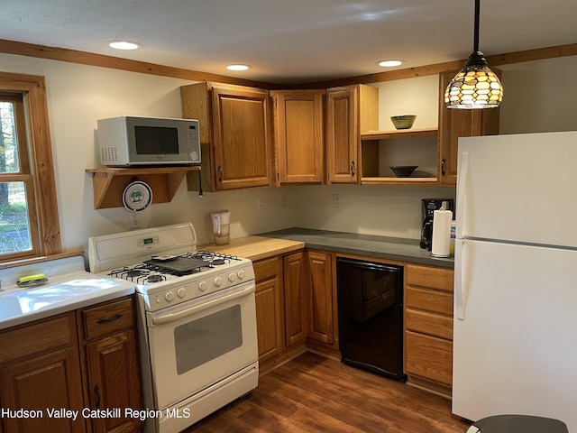89 Bloomingdale Rd, Tillson, NY 12486 - kitchen with white appliances, open shelves, dark wood-type flooring, hanging light fixtures, and brown cabinetry