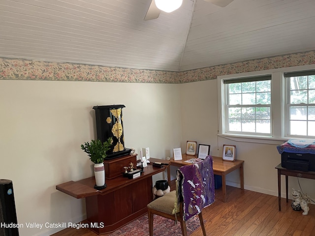 89 Bloomingdale Rd, Tillson, NY 12486 - office area with wood-type flooring, lofted ceiling, a ceiling fan, and baseboards