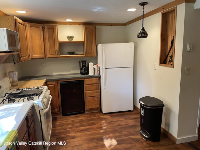 89 Bloomingdale Rd, Tillson, NY 12486 - kitchen with white appliances, dark wood-style flooring, wine cooler, brown cabinets, and recessed lighting