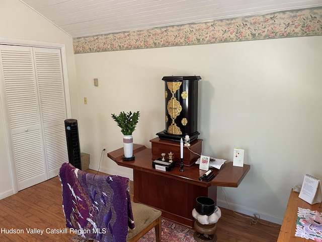 89 Bloomingdale Rd, Tillson, NY 12486 - home office with wood finished floors, baseboards, and lofted ceiling