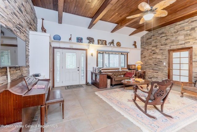 296 Circle Rd, Cragsmoor, NY 12420 - living room featuring wooden ceiling, beamed ceiling, and a ceiling fan