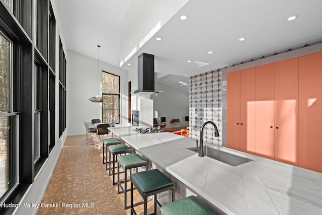 kitchen featuring sink, decorative light fixtures, and ventilation hood