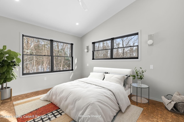 bedroom featuring lofted ceiling