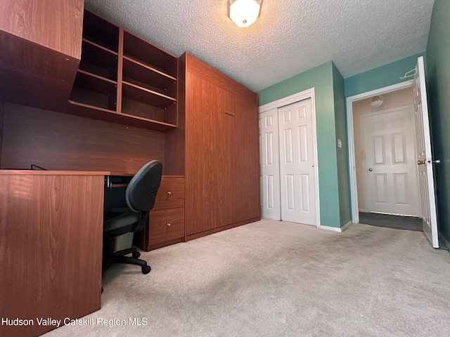 unfurnished office with a textured ceiling and light carpet