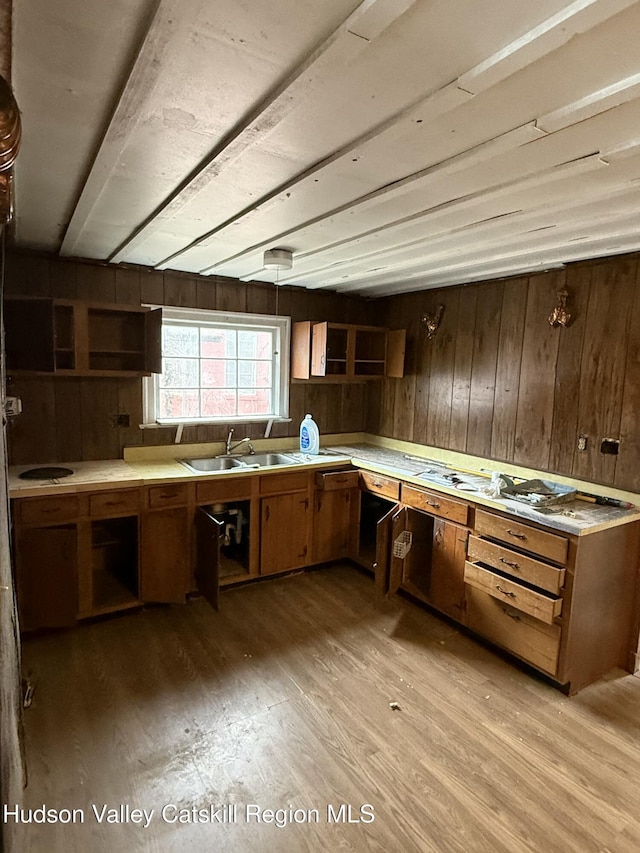 11 N Montgomery St, Athens, NY 12015 - kitchen with light wood-style floors, wooden walls, light countertops, and open shelves