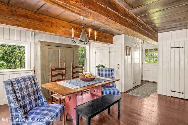 dining area featuring plenty of natural light, beamed ceiling, and dark hardwood / wood-style floors