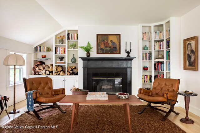 72 Old Queechy Rd, Canaan, NY 12029 - sitting room with a glass covered fireplace, wood finished floors, lofted ceiling, and built in features