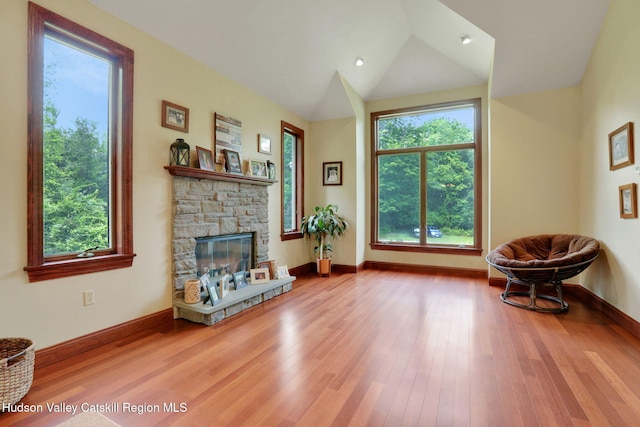 374 Linderman Ave, Kingston, NY 12401 - sitting room with a fireplace, wood finished floors, and vaulted ceiling