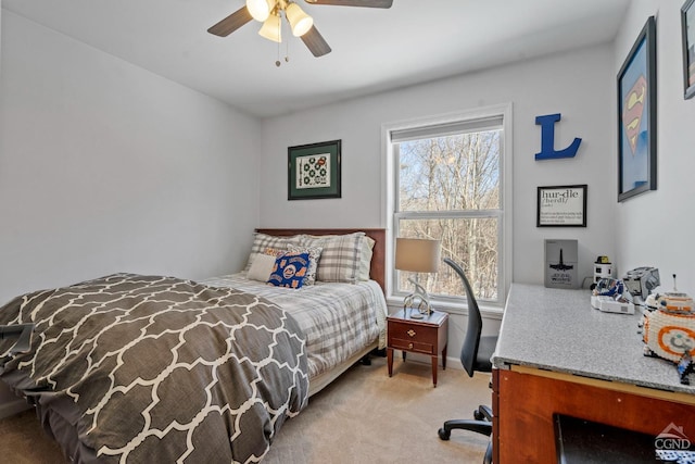 bedroom featuring carpet floors and ceiling fan