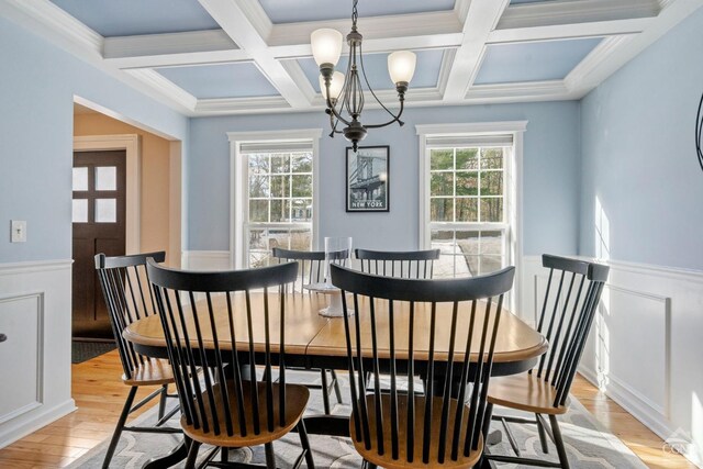 dining area with coffered ceiling, a chandelier, a wainscoted wall, beamed ceiling, and light wood finished floors