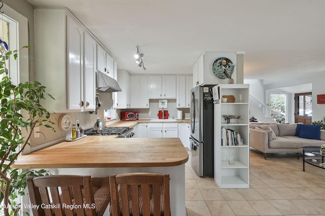 33 Cottonwood Ln, Woodstock, NY 12498 - kitchen featuring freestanding refrigerator, open shelves, under cabinet range hood, and a peninsula