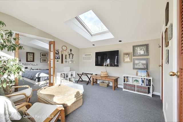 33 Cottonwood Ln, Woodstock, NY 12498 - living area with a skylight, carpet floors, an AC wall unit, and lofted ceiling