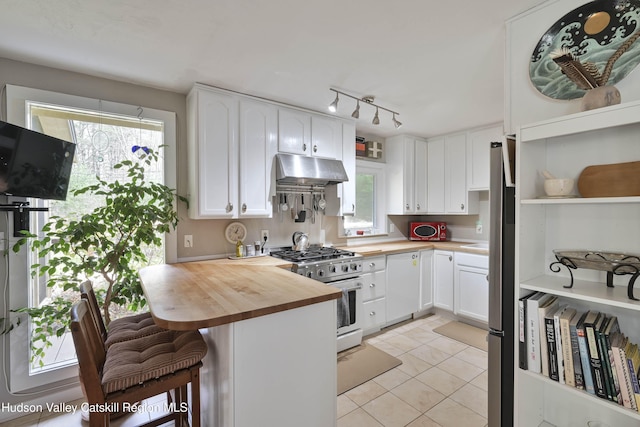 33 Cottonwood Ln, Woodstock, NY 12498 - kitchen with stainless steel appliances, under cabinet range hood, butcher block countertops, a peninsula, and white cabinetry