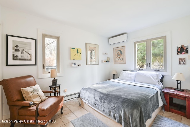 33 Cottonwood Ln, Woodstock, NY 12498 - bedroom with a wall mounted air conditioner, a baseboard heating unit, and light tile patterned floors