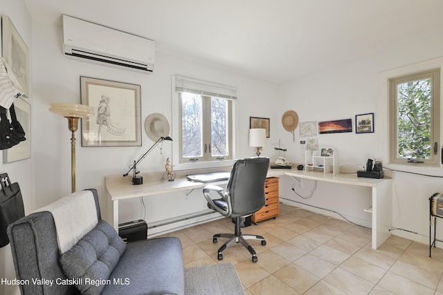 33 Cottonwood Ln, Woodstock, NY 12498 - home office with a wall mounted air conditioner, plenty of natural light, a baseboard radiator, and light tile patterned floors