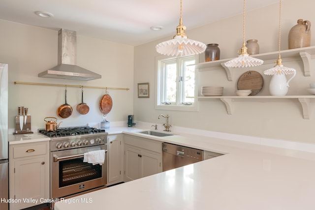 36 Ridgewood Rd, Kerhonkson, NY 12446 - kitchen with stainless steel appliances, a sink, wall chimney range hood, open shelves, and light countertops