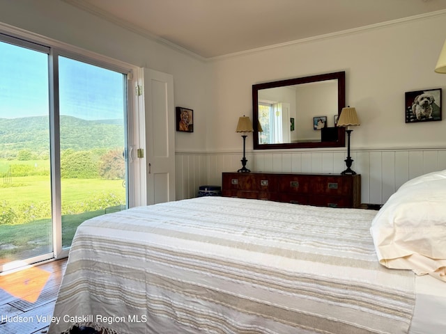 110 County Route 7a, Copake, NY 12516 - bedroom featuring access to outside, a wainscoted wall, crown molding, and wood finished floors