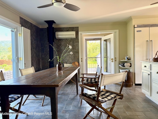 110 County Route 7a, Copake, NY 12516 - dining space with a wall mounted air conditioner, ornamental molding, and a ceiling fan