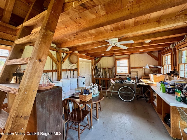 110 County Route 7a, Copake, NY 12516 - misc room with wood-type flooring, ceiling fan, a wooden ceiling with exposed beams, wooden walls, and washer and dryer