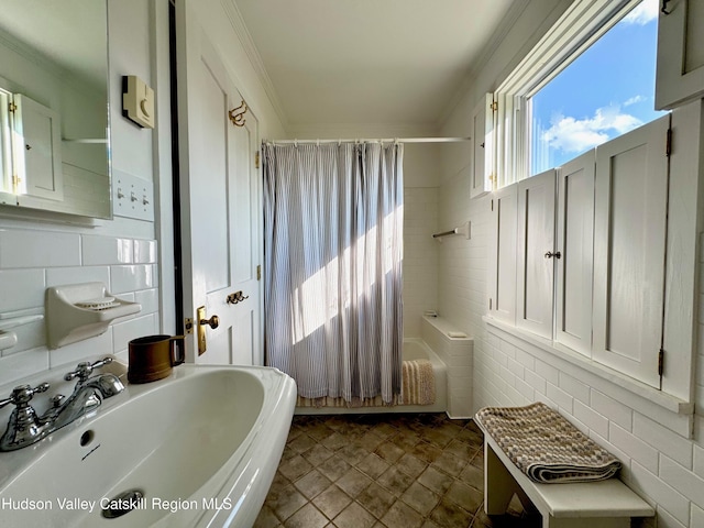 110 County Route 7a, Copake, NY 12516 - full bathroom featuring crown molding, shower / tub combo with curtain, and decorative backsplash