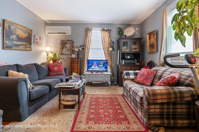 living area with an AC wall unit