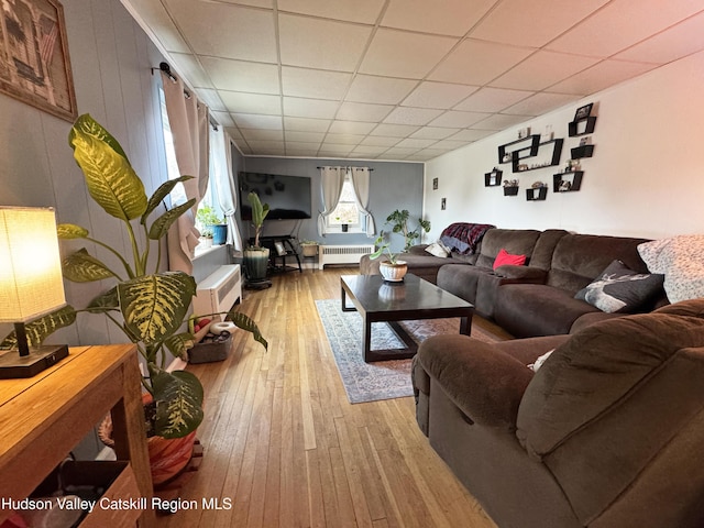 living room featuring radiator, a paneled ceiling, and light hardwood / wood-style floors