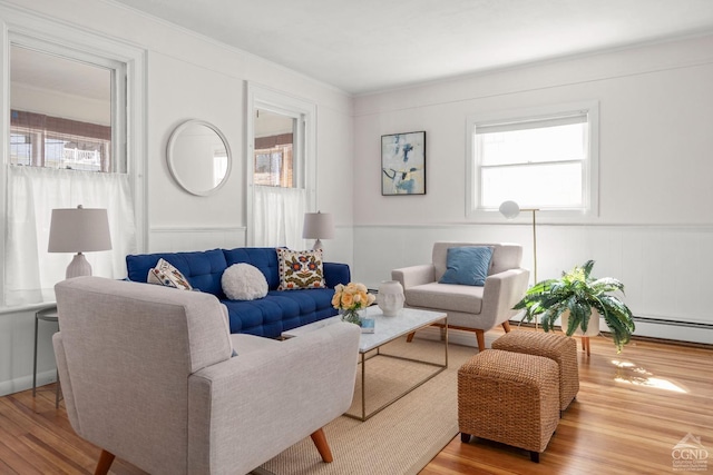 7 Mckinstry Pl, Hudson, NY 12534 - living room with wood finished floors, healthy amount of natural light, a wainscoted wall, baseboard heating, and ornamental molding